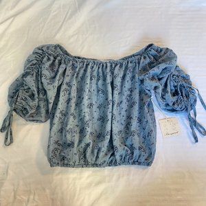 NWT Passport Cottagecore Floral Sky Blue Peasant Sleeve Blouse